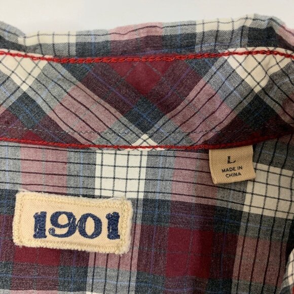 1901 Shirt Mens L Large Gray Crimson Cotton Check Button Up Long Sleeve Pocket - Picture 5 of 11